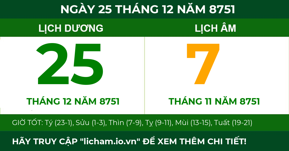lịch âm ngày 25 tháng 12 năm 8751