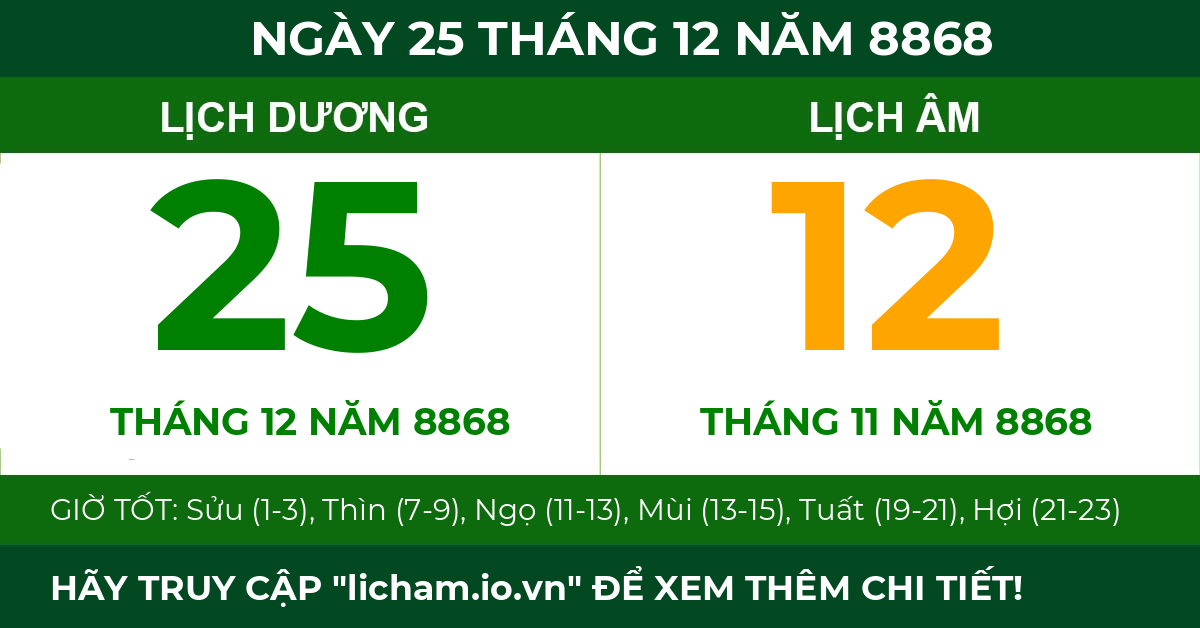 lịch âm ngày 25 tháng 12 năm 8868