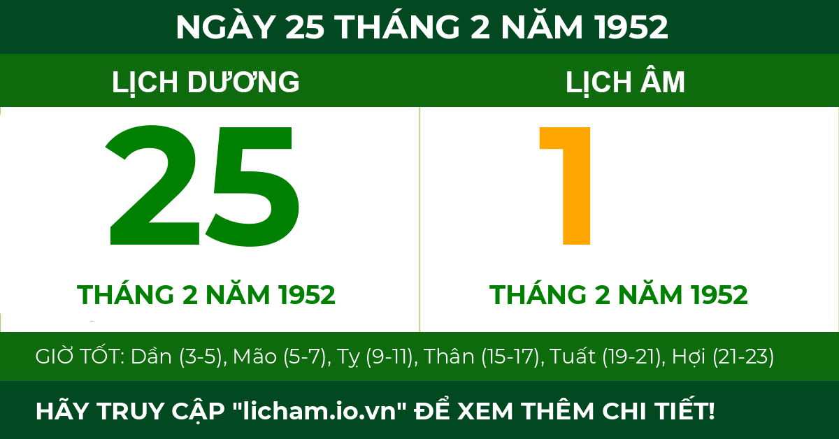 lịch âm ngày 25 tháng 2 năm 1952
