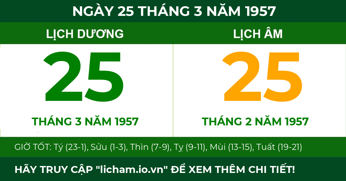 lịch âm ngày 25 tháng 3 năm 1957