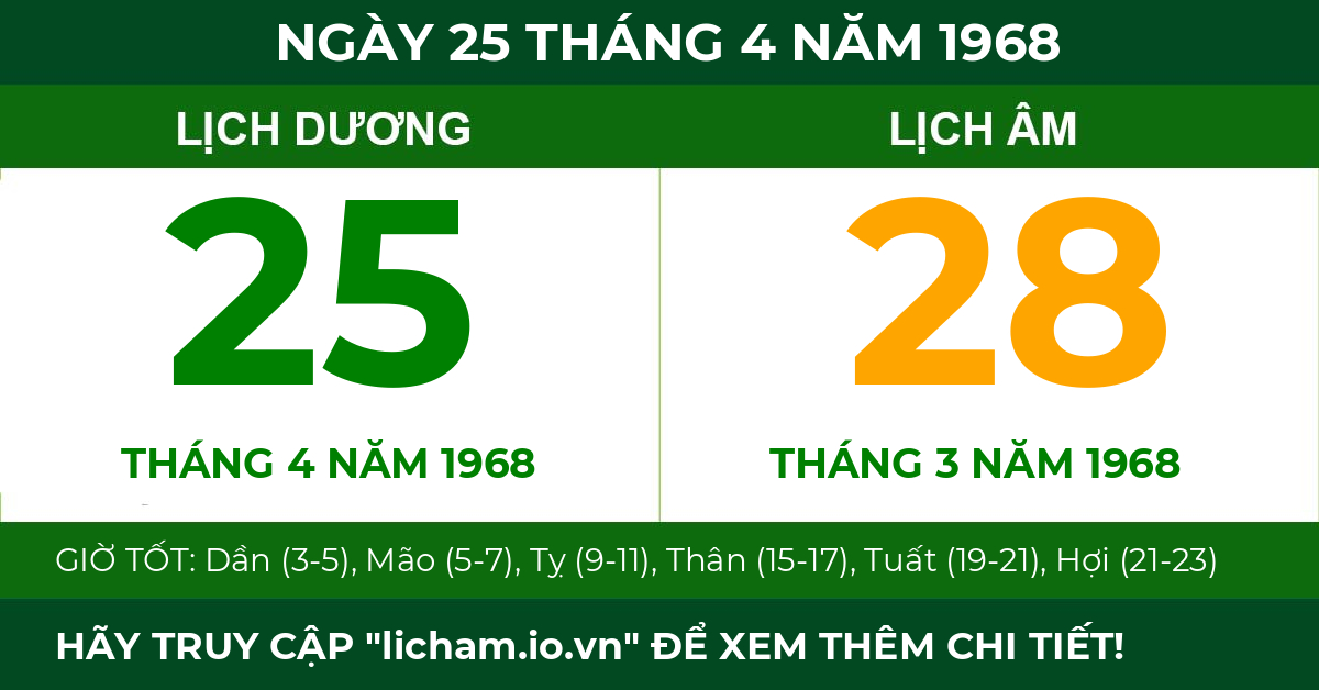 lịch âm ngày 25 tháng 4 năm 1968