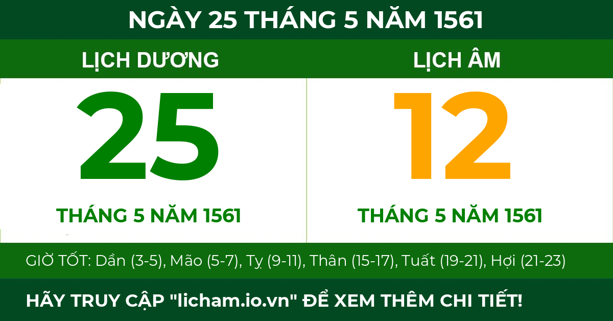 lịch âm ngày 25 tháng 5 năm 1561