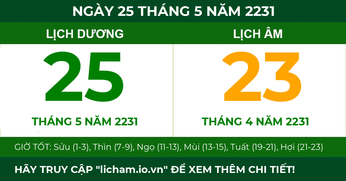 lịch âm ngày 25 tháng 5 năm 2231