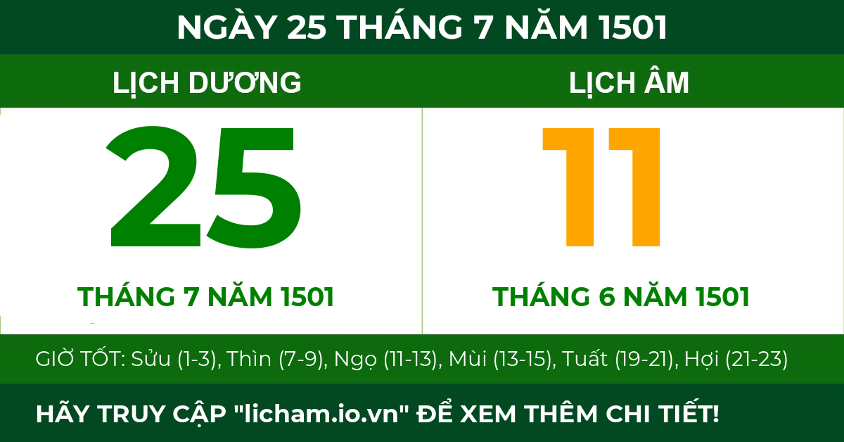 lịch âm ngày 25 tháng 7 năm 1501