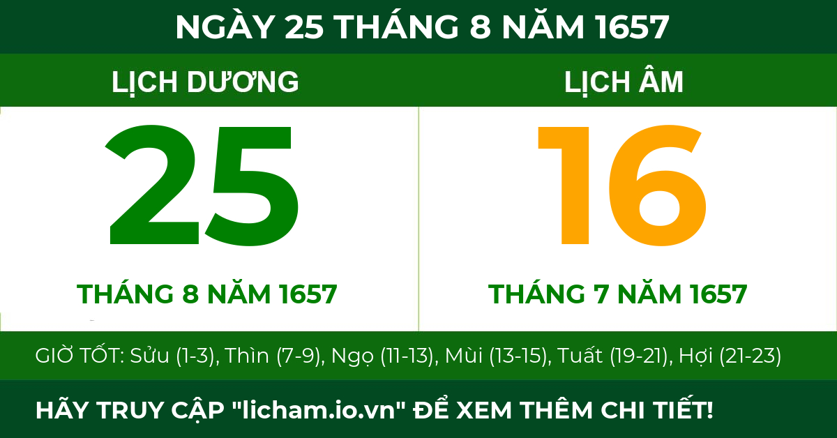 lịch âm ngày 25 tháng 8 năm 1657