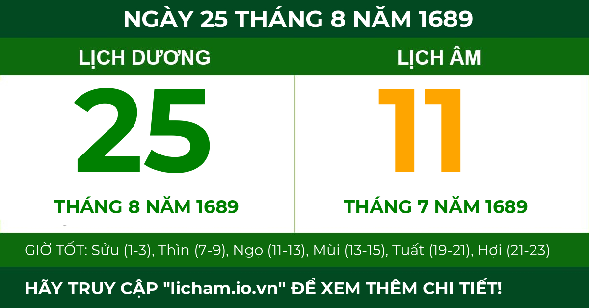 lịch âm ngày 25 tháng 8 năm 1689