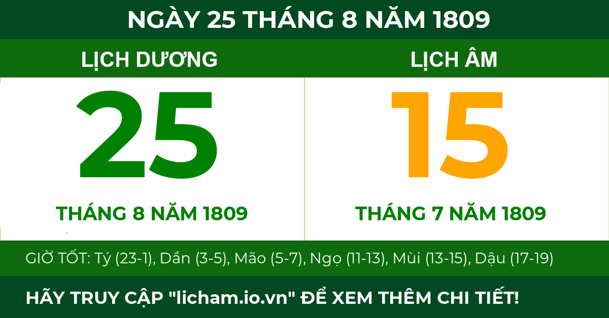 lịch âm ngày 25 tháng 8 năm 1809