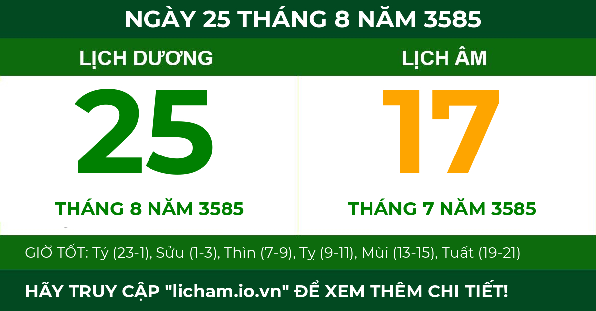 lịch âm ngày 25 tháng 8 năm 3585