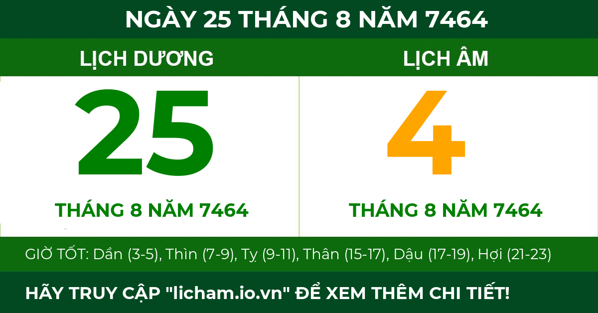lịch âm ngày 25 tháng 8 năm 7464