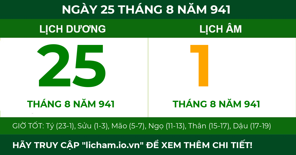 lịch âm ngày 25 tháng 8 năm 941