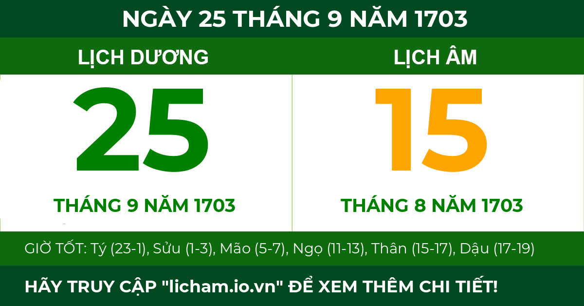 lịch âm ngày 25 tháng 9 năm 1703