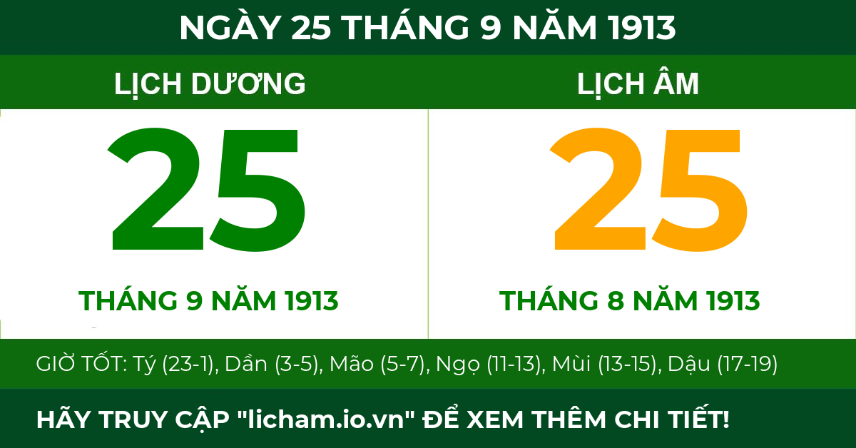 lịch âm ngày 25 tháng 9 năm 1913