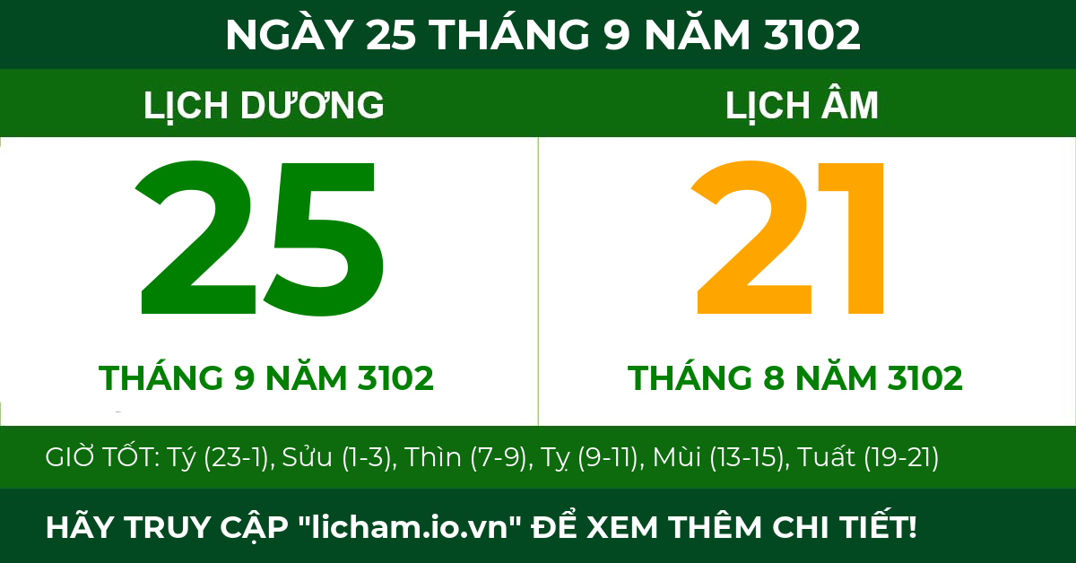 lịch âm ngày 25 tháng 9 năm 3102