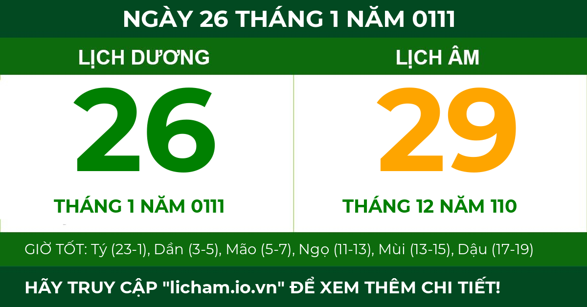 lịch âm ngày 26 tháng 1 năm 0111
