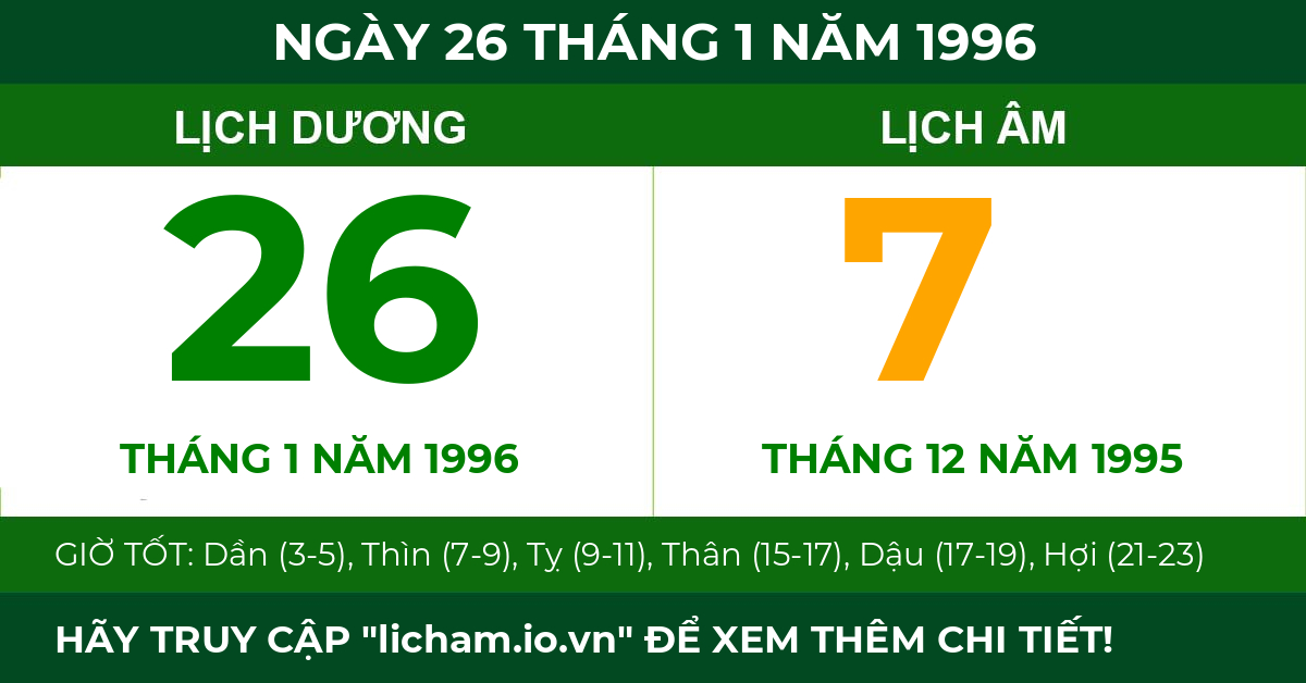 lịch âm ngày 26 tháng 1 năm 1996