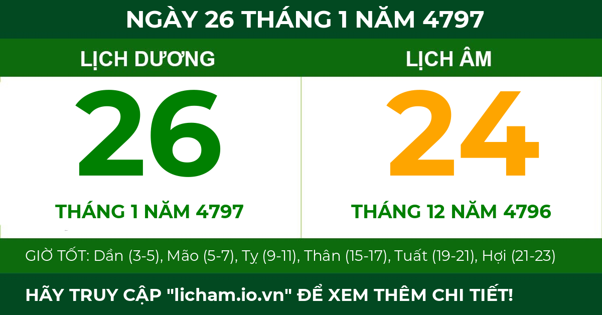 lịch âm ngày 26 tháng 1 năm 4797