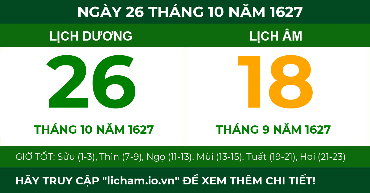 lịch âm ngày 26 tháng 10 năm 1627