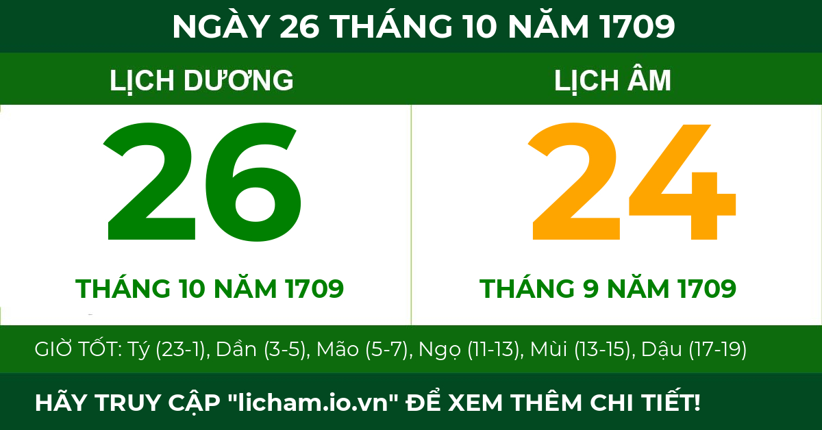 lịch âm ngày 26 tháng 10 năm 1709