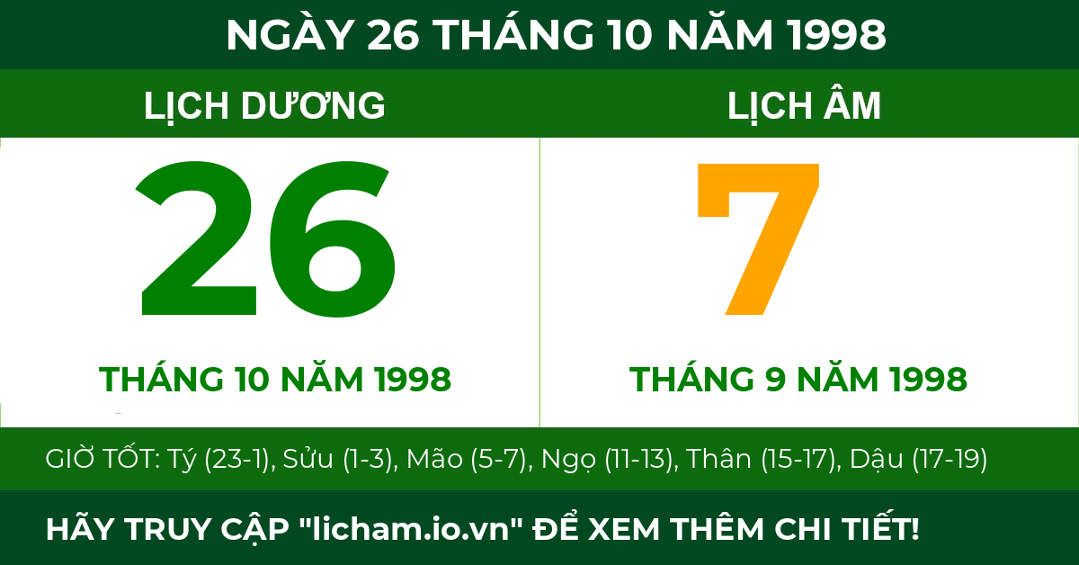 lịch âm ngày 26 tháng 10 năm 1998