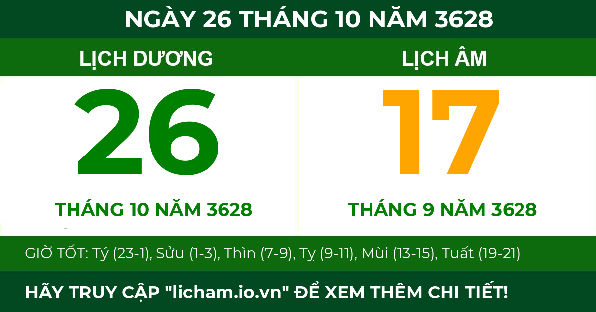 lịch âm ngày 26 tháng 10 năm 3628