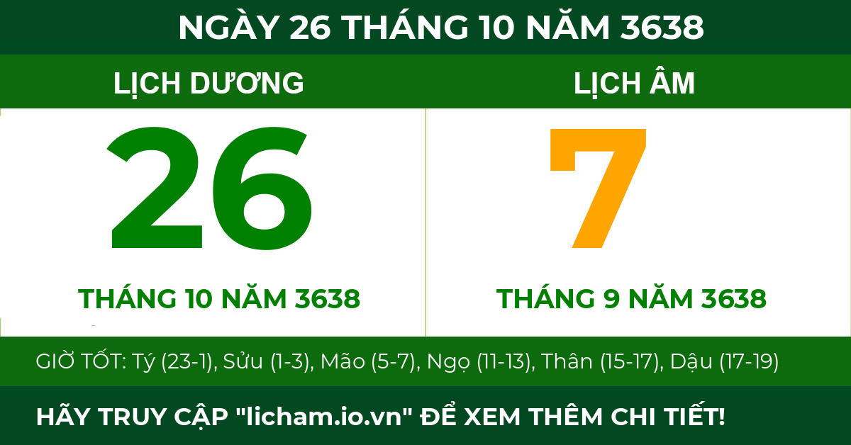 lịch âm ngày 26 tháng 10 năm 3638