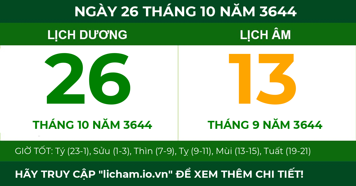 lịch âm ngày 26 tháng 10 năm 3644