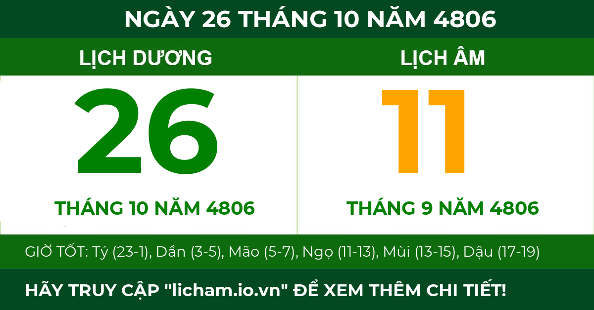 lịch âm ngày 26 tháng 10 năm 4806