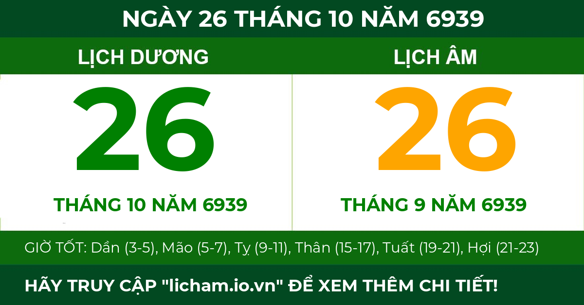 lịch âm ngày 26 tháng 10 năm 6939