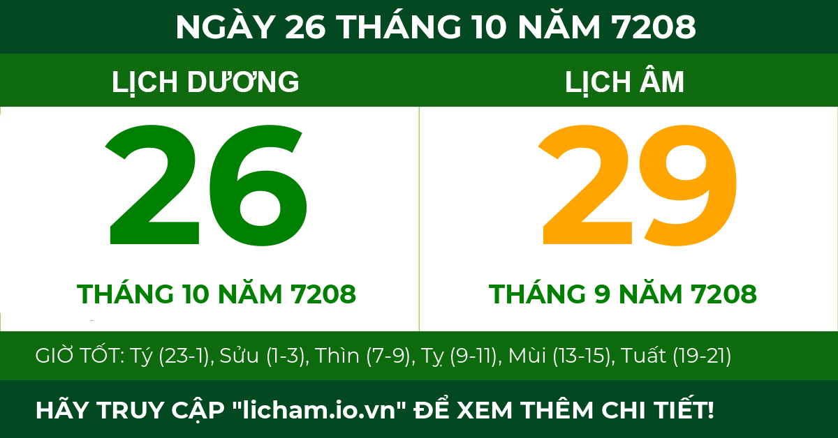 lịch âm ngày 26 tháng 10 năm 7208
