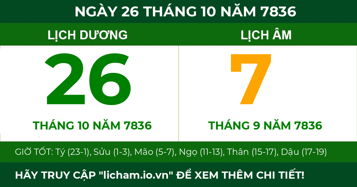 lịch âm ngày 26 tháng 10 năm 7836