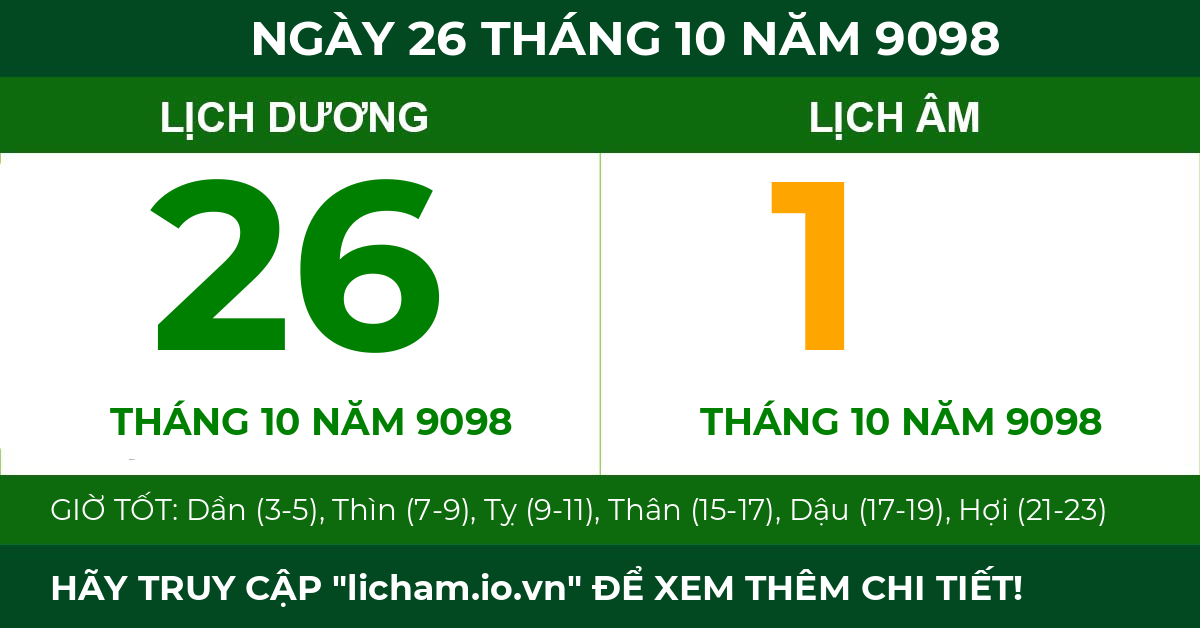 lịch âm ngày 26 tháng 10 năm 9098