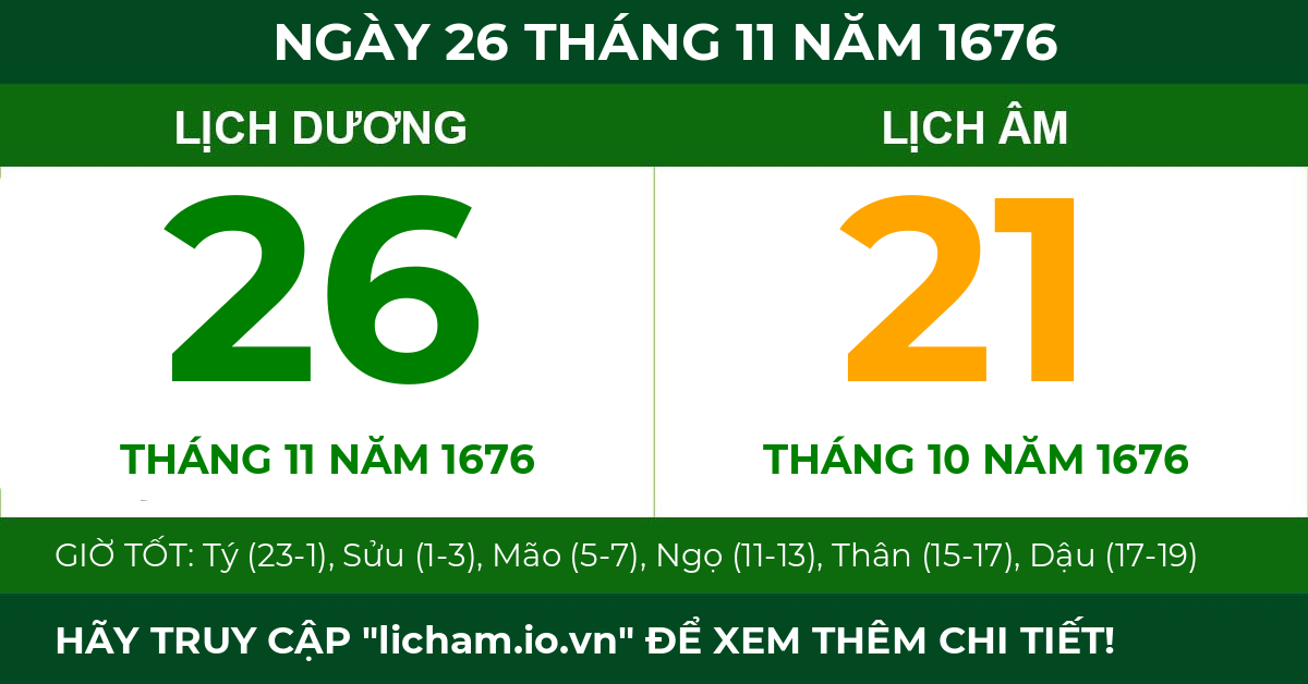 lịch âm ngày 26 tháng 11 năm 1676
