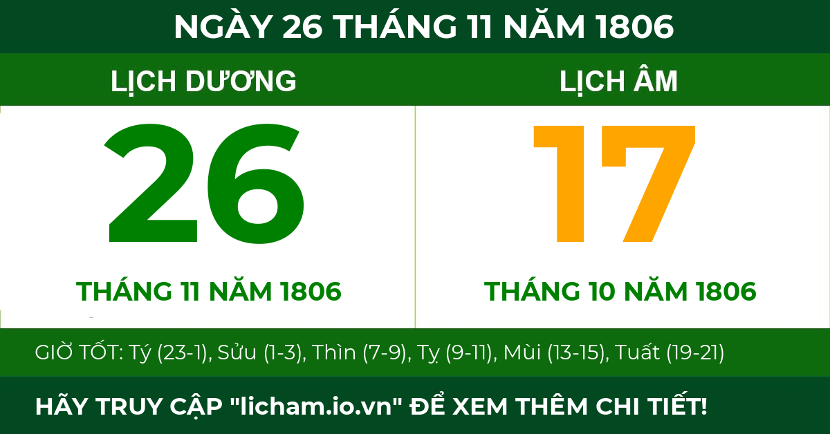 lịch âm ngày 26 tháng 11 năm 1806
