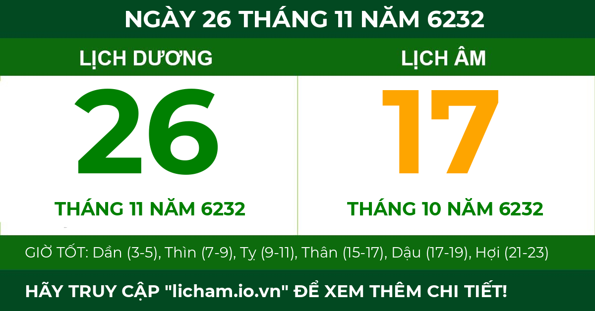 lịch âm ngày 26 tháng 11 năm 6232