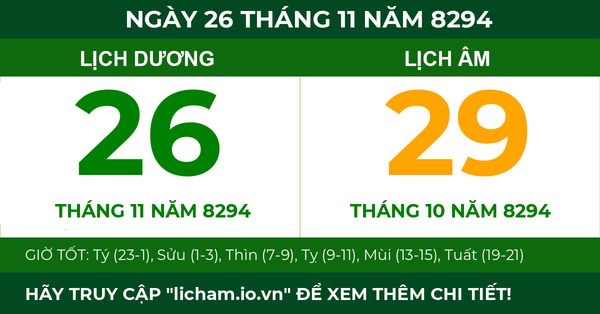 lịch âm ngày 26 tháng 11 năm 8294