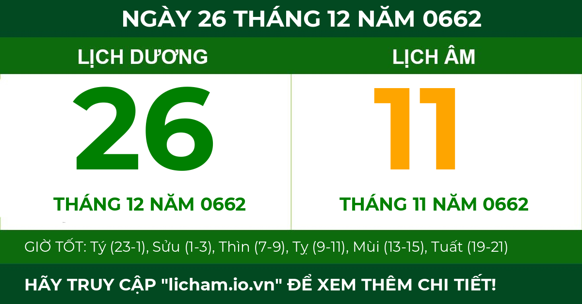 lịch âm ngày 26 tháng 12 năm 0662