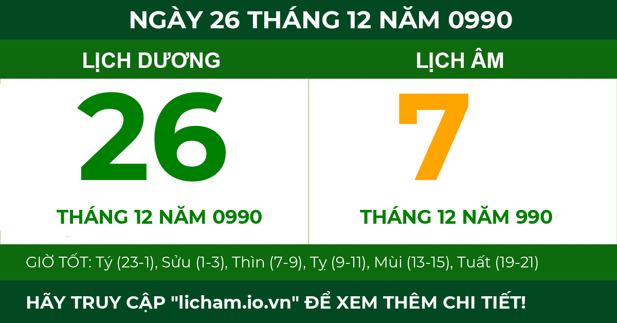 lịch âm ngày 26 tháng 12 năm 0990