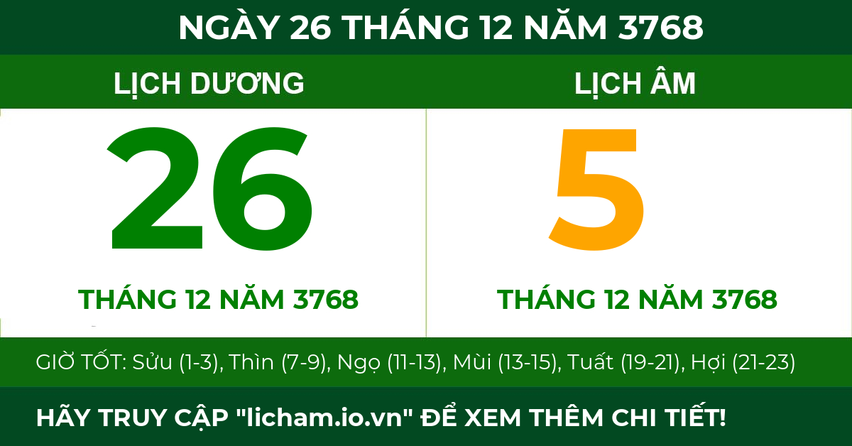 lịch âm ngày 26 tháng 12 năm 3768