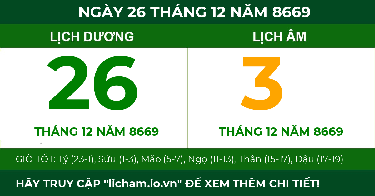 lịch âm ngày 26 tháng 12 năm 8669
