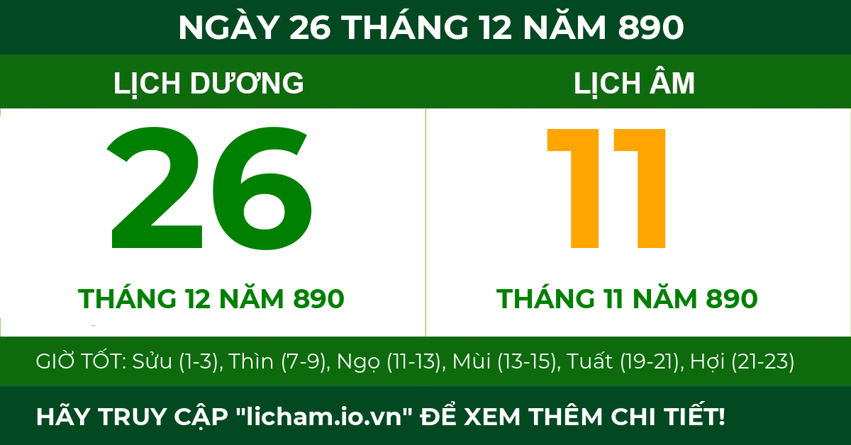 lịch âm ngày 26 tháng 12 năm 890