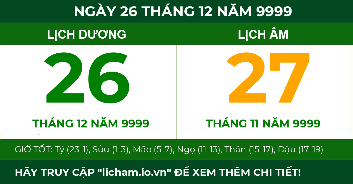 lịch âm ngày 26 tháng 12 năm 9999
