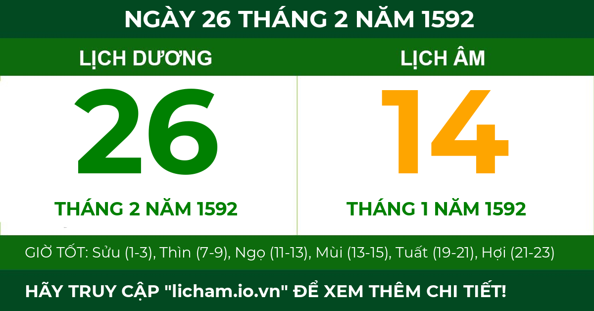 lịch âm ngày 26 tháng 2 năm 1592