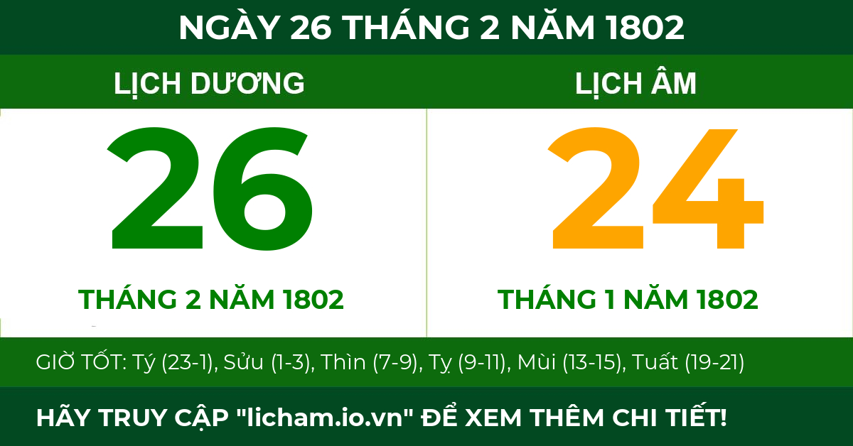 lịch âm ngày 26 tháng 2 năm 1802
