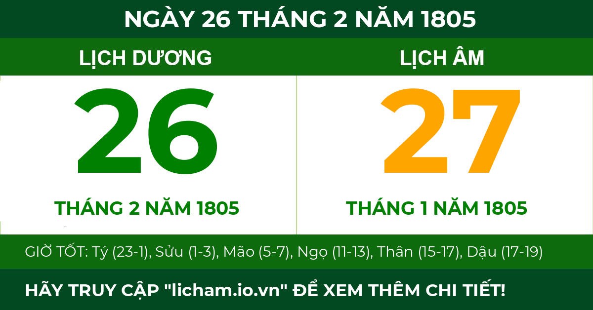 lịch âm ngày 26 tháng 2 năm 1805