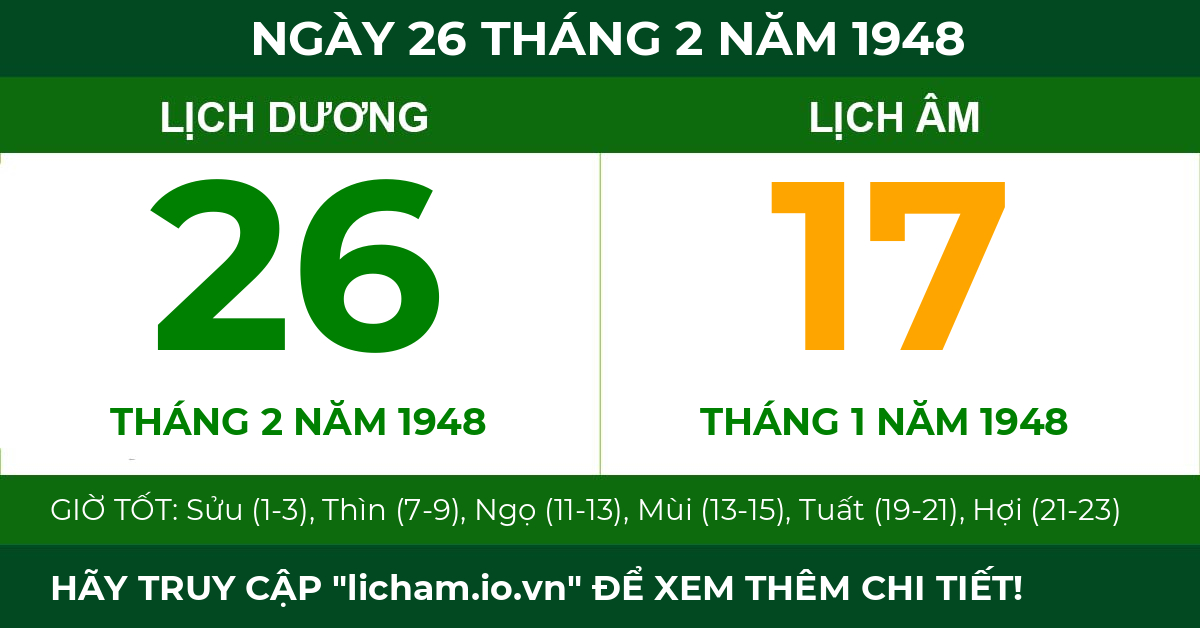 lịch âm ngày 26 tháng 2 năm 1948