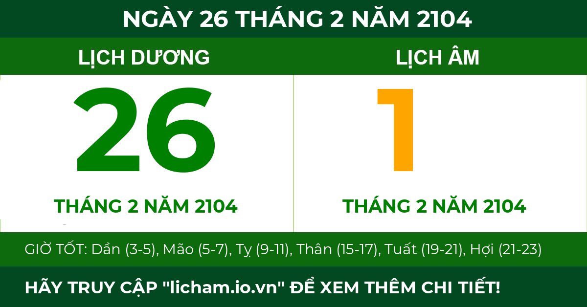 lịch âm ngày 26 tháng 2 năm 2104