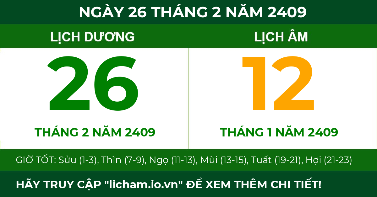 lịch âm ngày 26 tháng 2 năm 2409