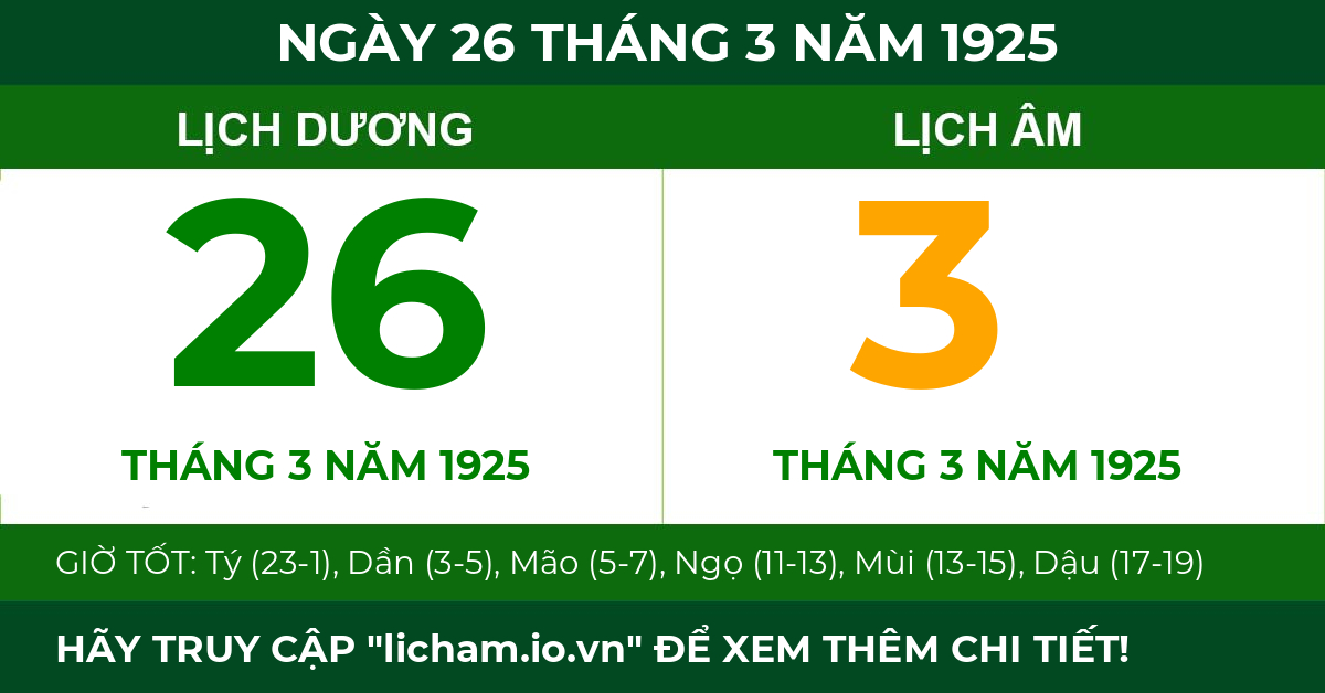 lịch âm ngày 26 tháng 3 năm 1925