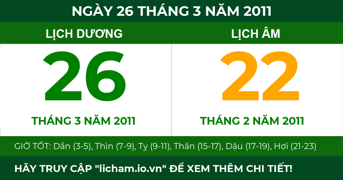 lịch âm ngày 26 tháng 3 năm 2011