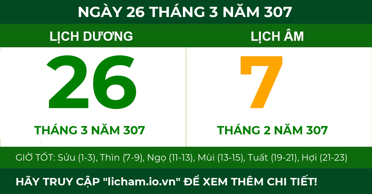 lịch âm ngày 26 tháng 3 năm 307